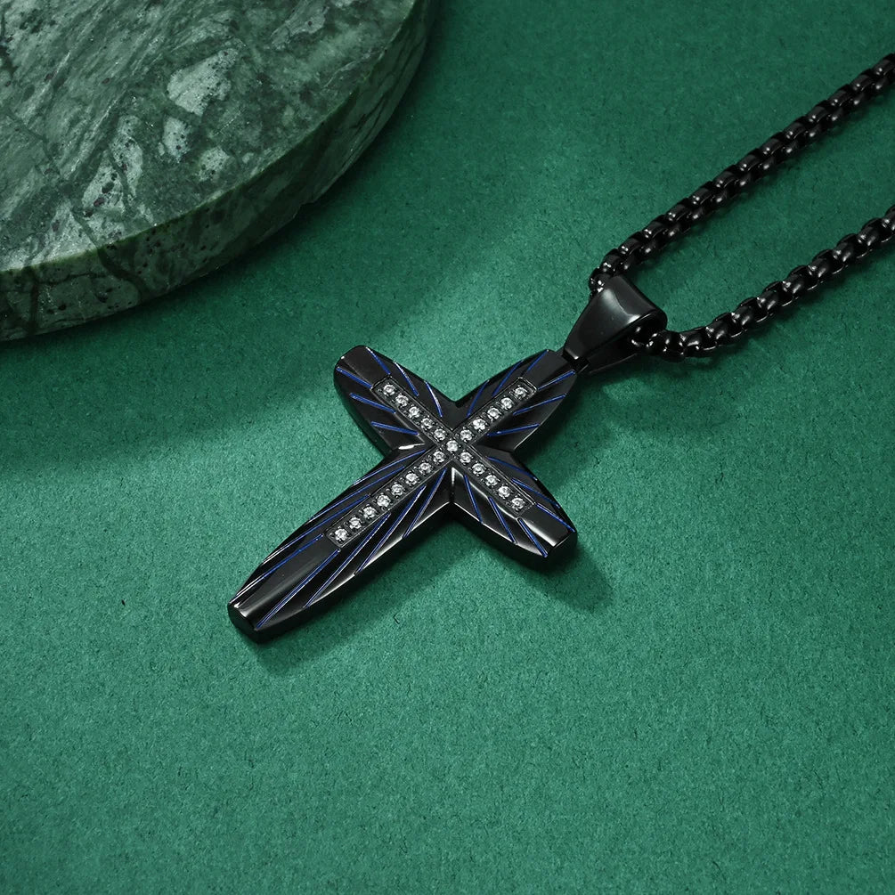 Engraved Arc Cross Zircon Pendant Necklace