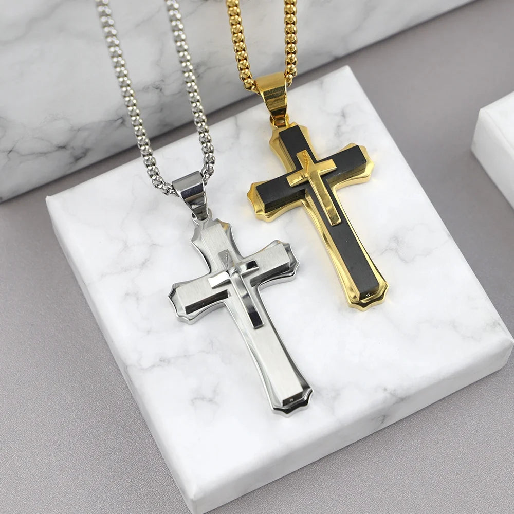 Layered Steel Cross Pendant Necklace