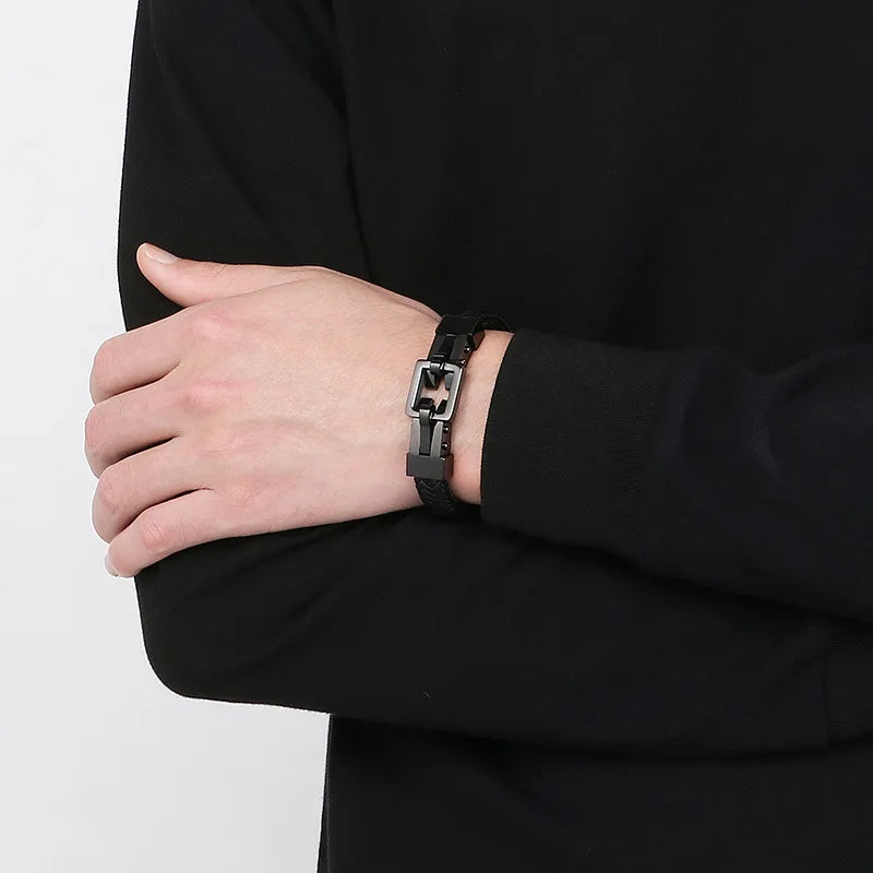 Braided Leather Bracelet with Square Steel Clasp