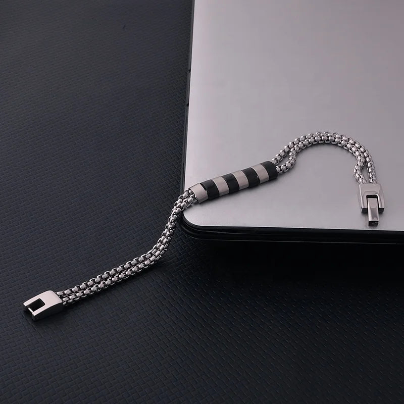Steel Double Box Chain Bracelet with Black Accents