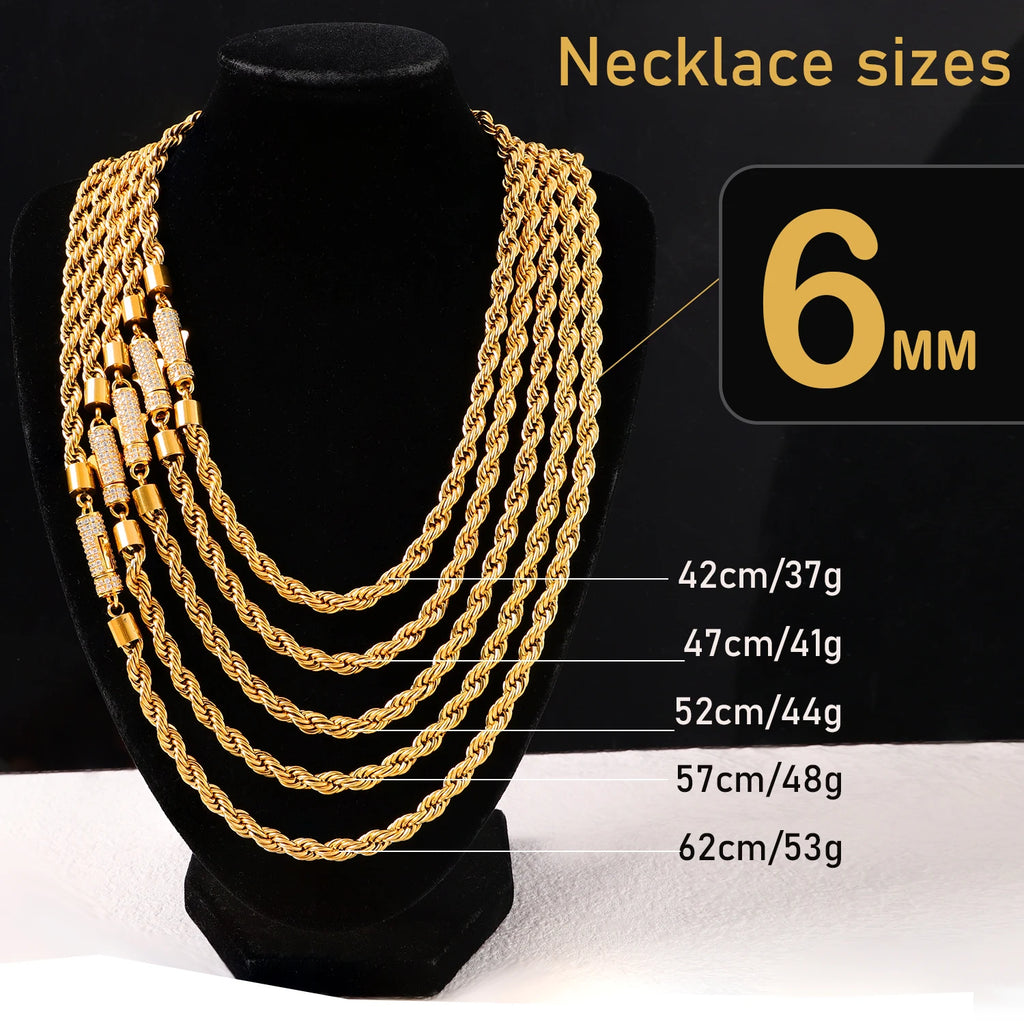6mm Gold Rope Necklace with Zircon Clasp