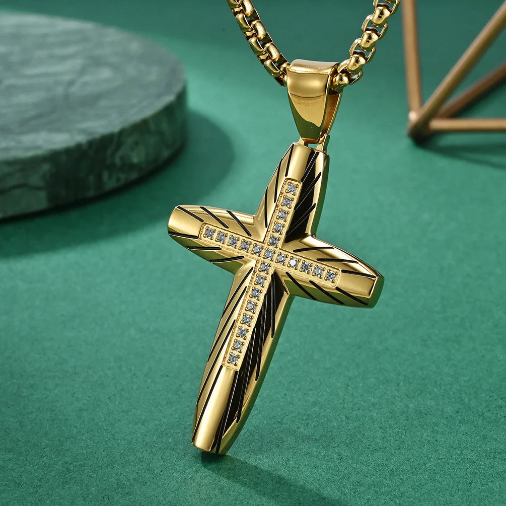 Engraved Arc Cross Zircon Pendant Necklace