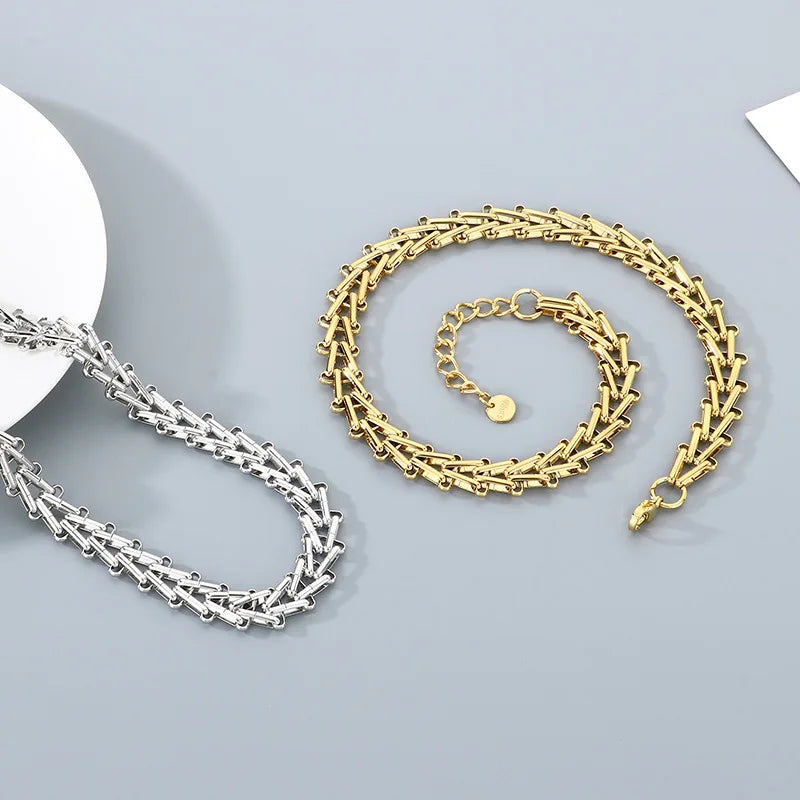 Gold Train Track Link Necklace in Steel