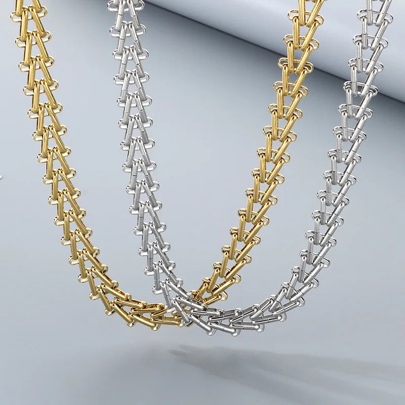 Gold Train Track Link Necklace in Steel