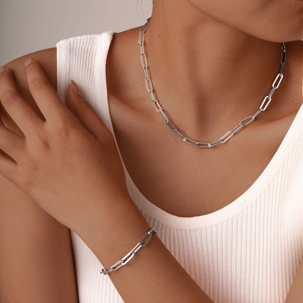 18K Gold Plated Titanium Paperclip Necklace and Bracelet Set