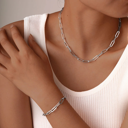 18K Gold Plated Titanium Paperclip Necklace and Bracelet Set