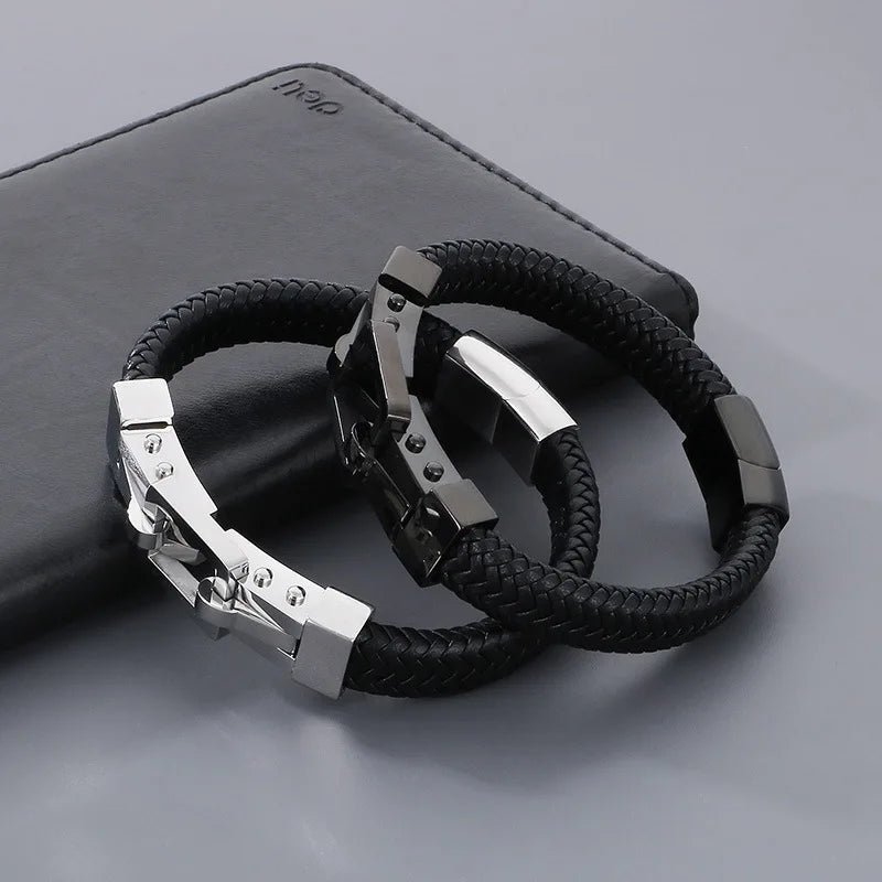 Braided Leather Bracelet with Square Steel Clasp