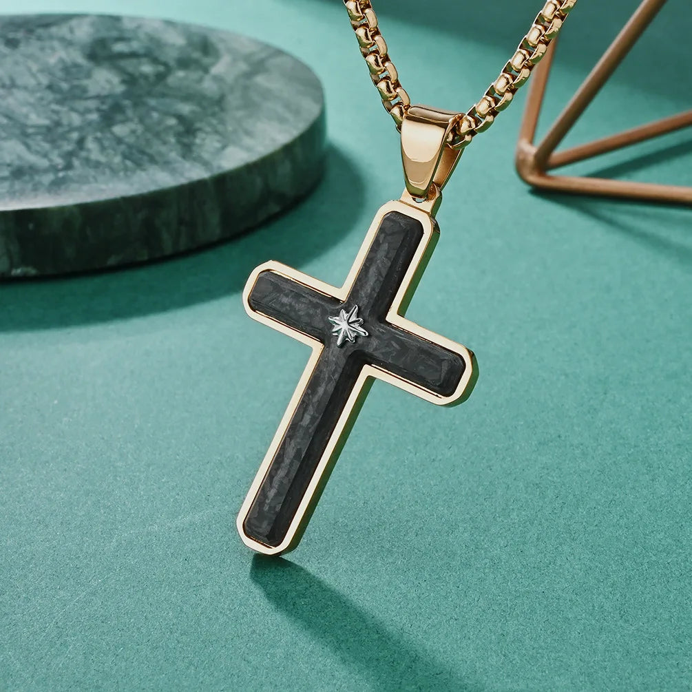 Carbon Fiber & Star Cross Pendant Necklace