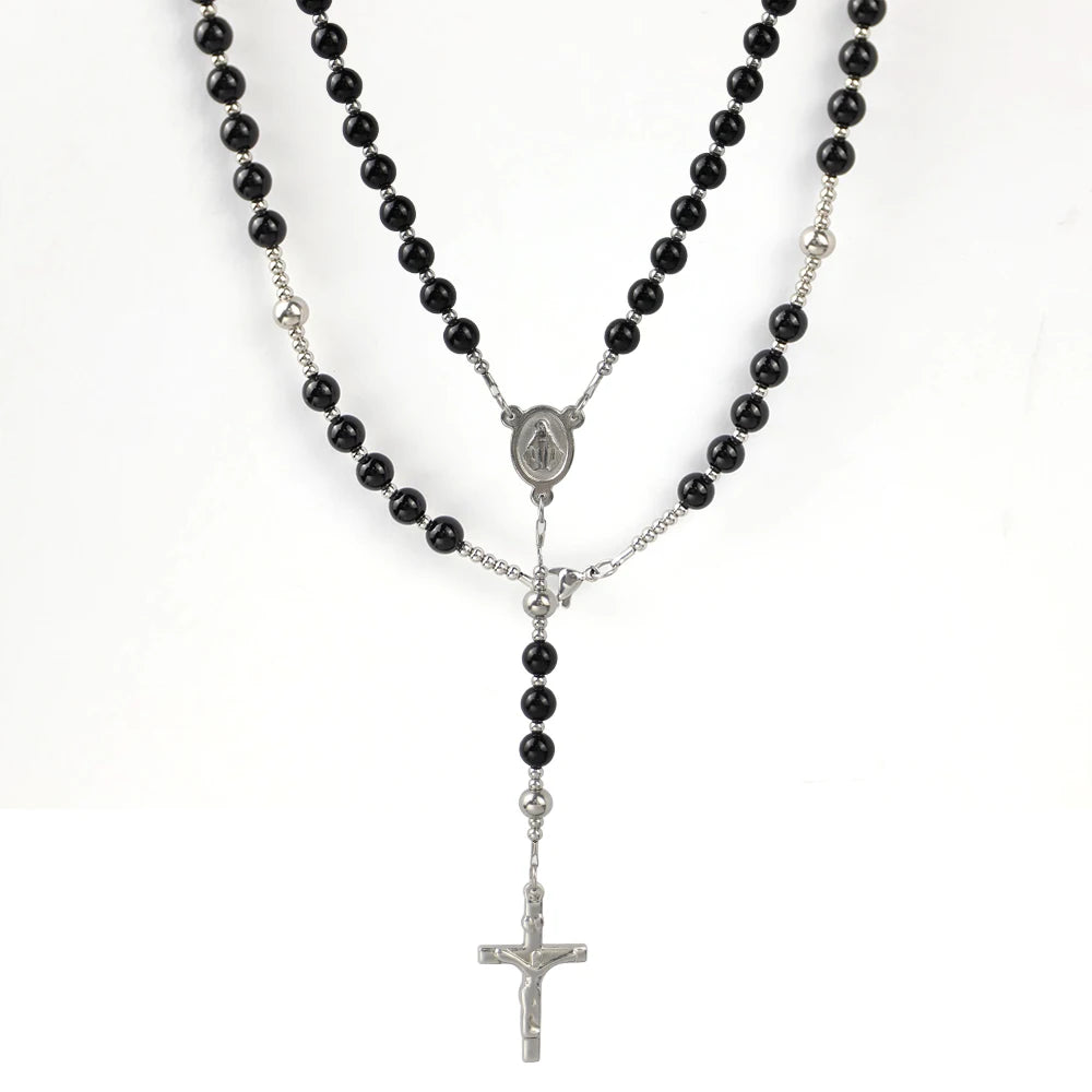 Black Agate Rosary Necklace with Crucifix Pendant