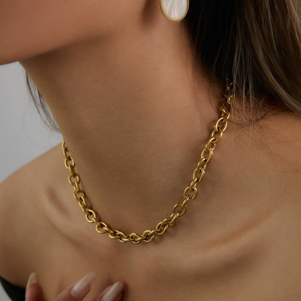 Chunky Gold Link Choker Necklace in Steel