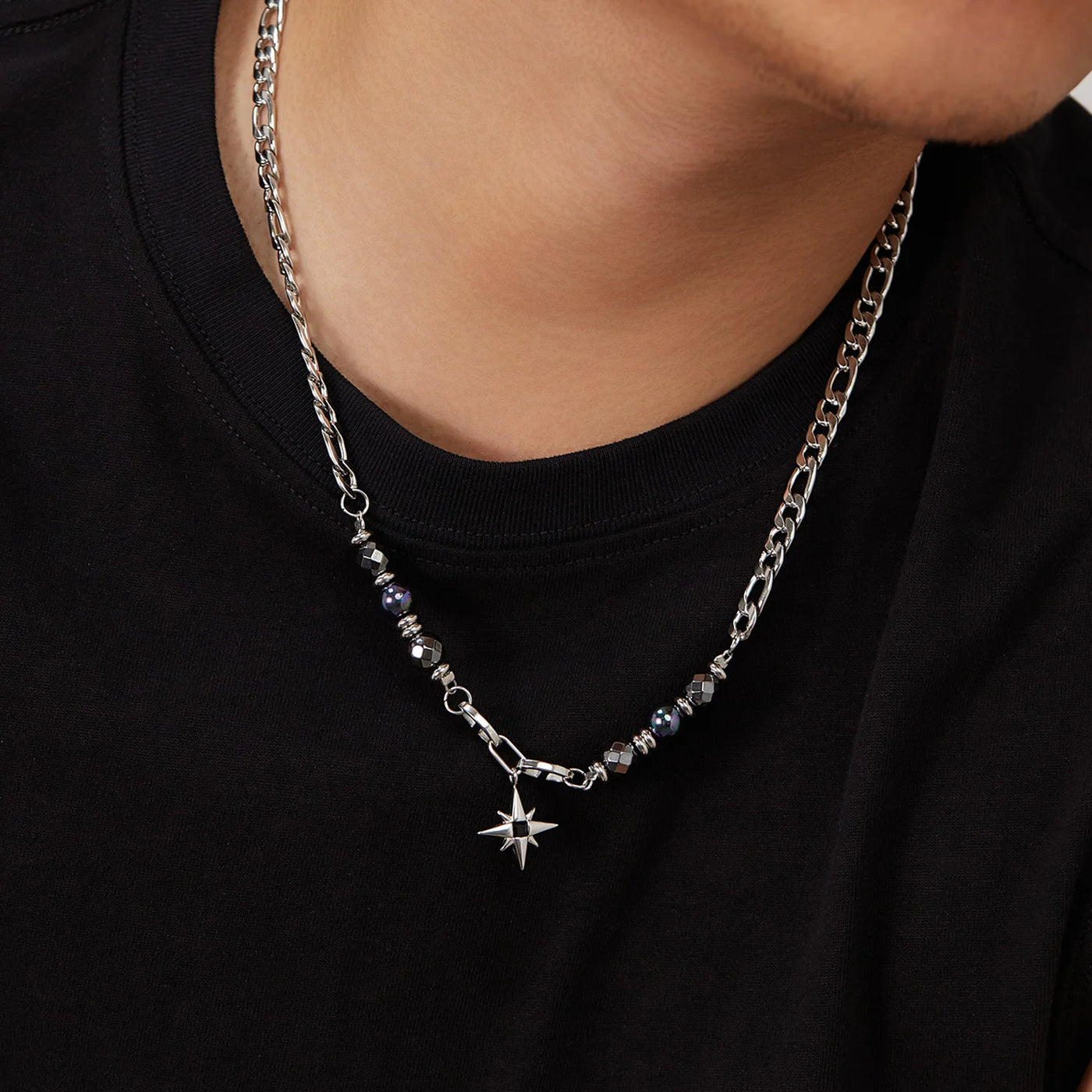 Steel Figaro Chain Necklace with Hematite Star