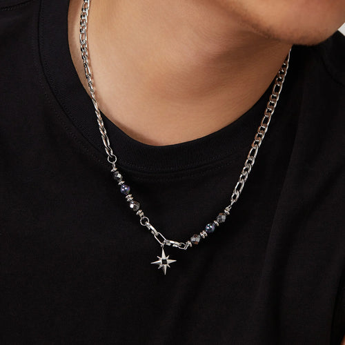 Steel Figaro Chain Necklace with Hematite Star