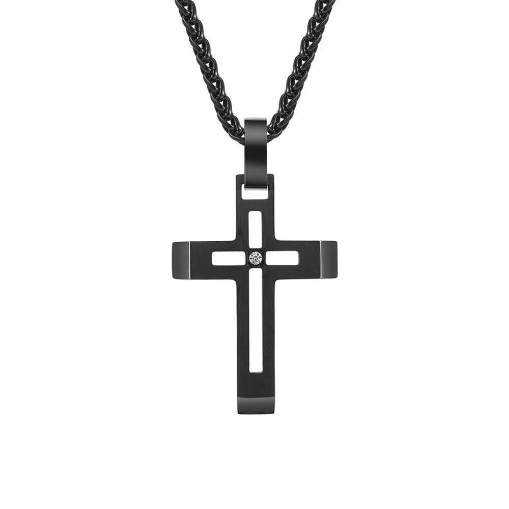 Black Steel Cut-Out Cross Pendant Necklace
