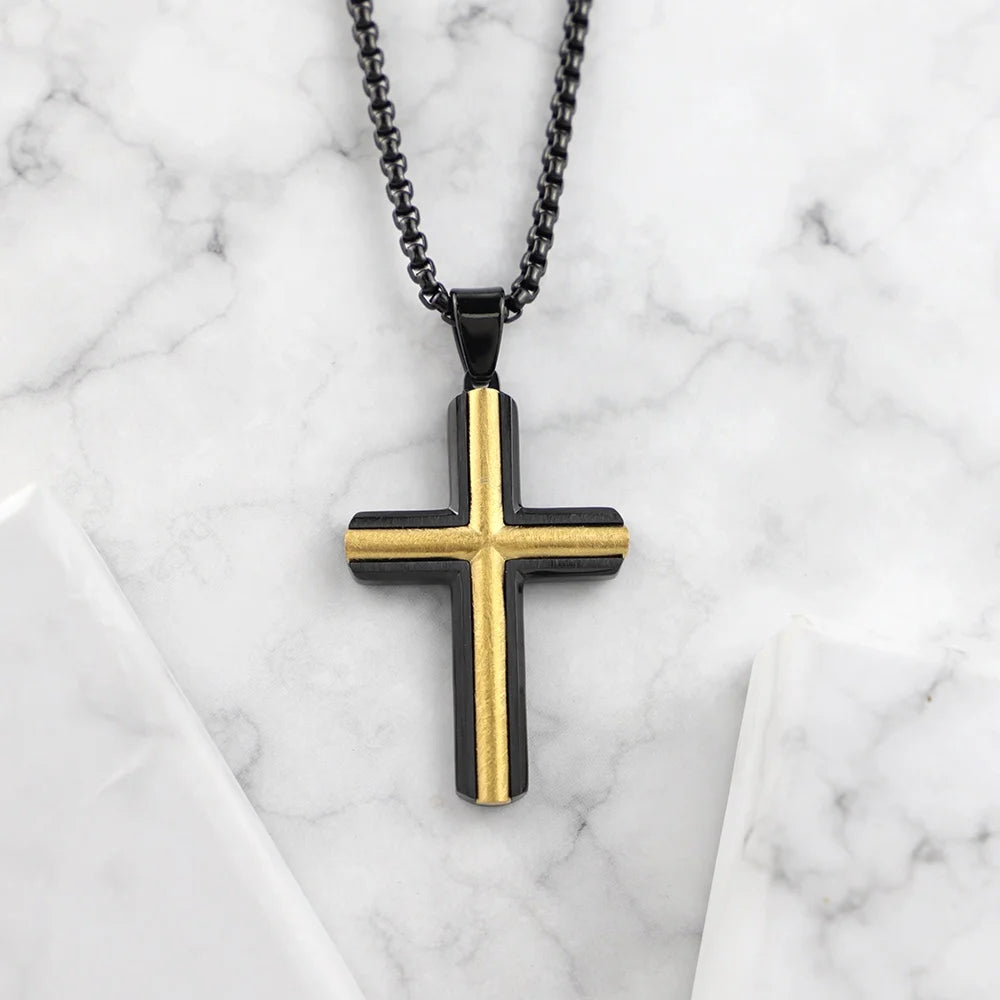 Black & Gold Two-Tone Cross Pendant Necklace