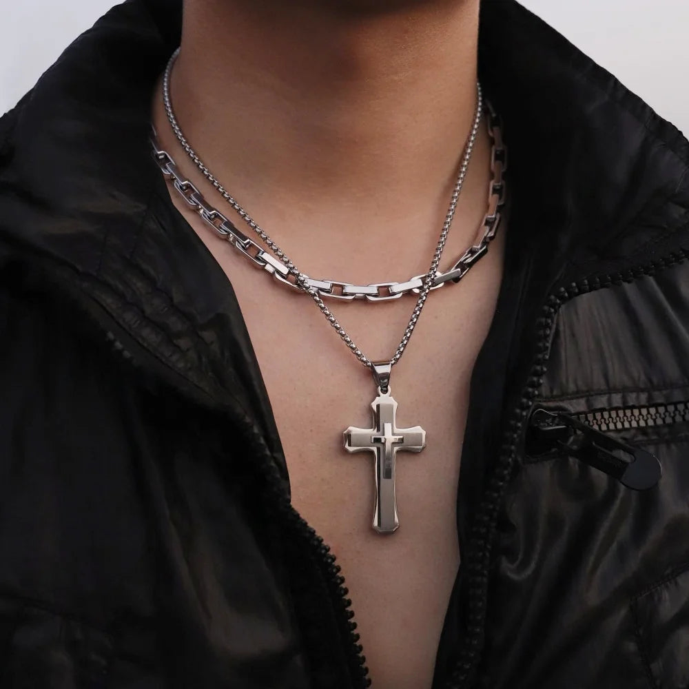 Layered Steel Cross Pendant Necklace