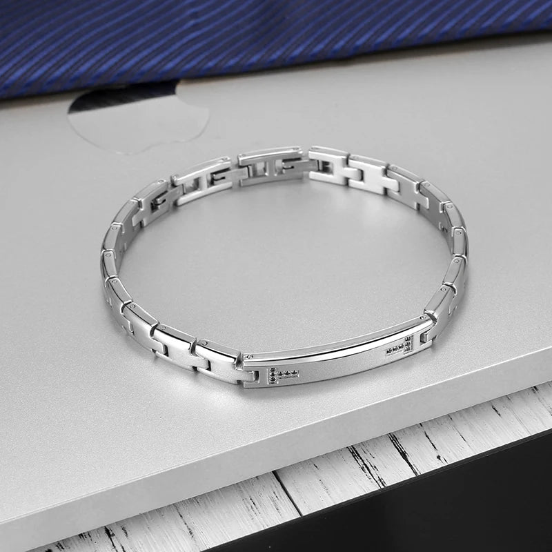 Steel Link Bracelet with Black Zircon
