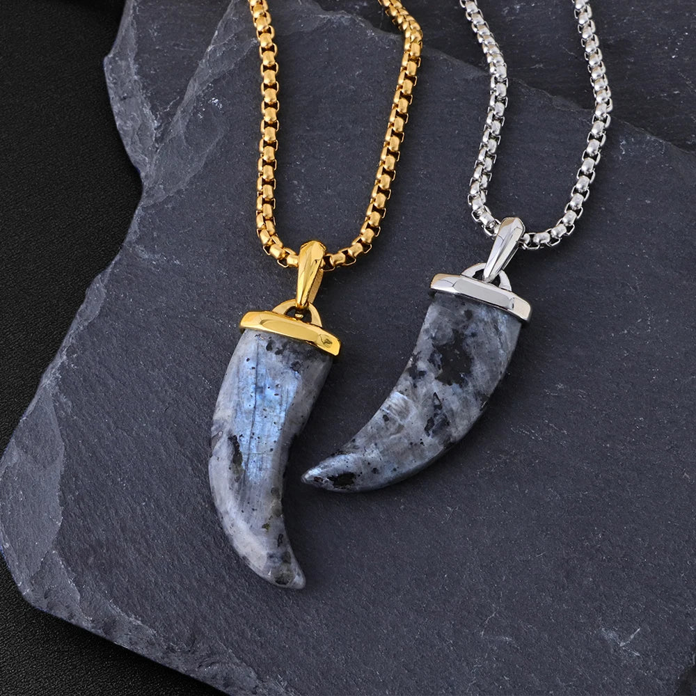 Labradorite Fang Pendant Necklace in Steel