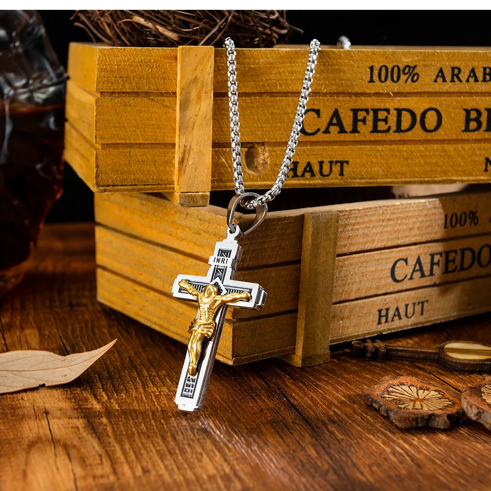 Two-Tone Crucifix Pendant Necklace in Steel