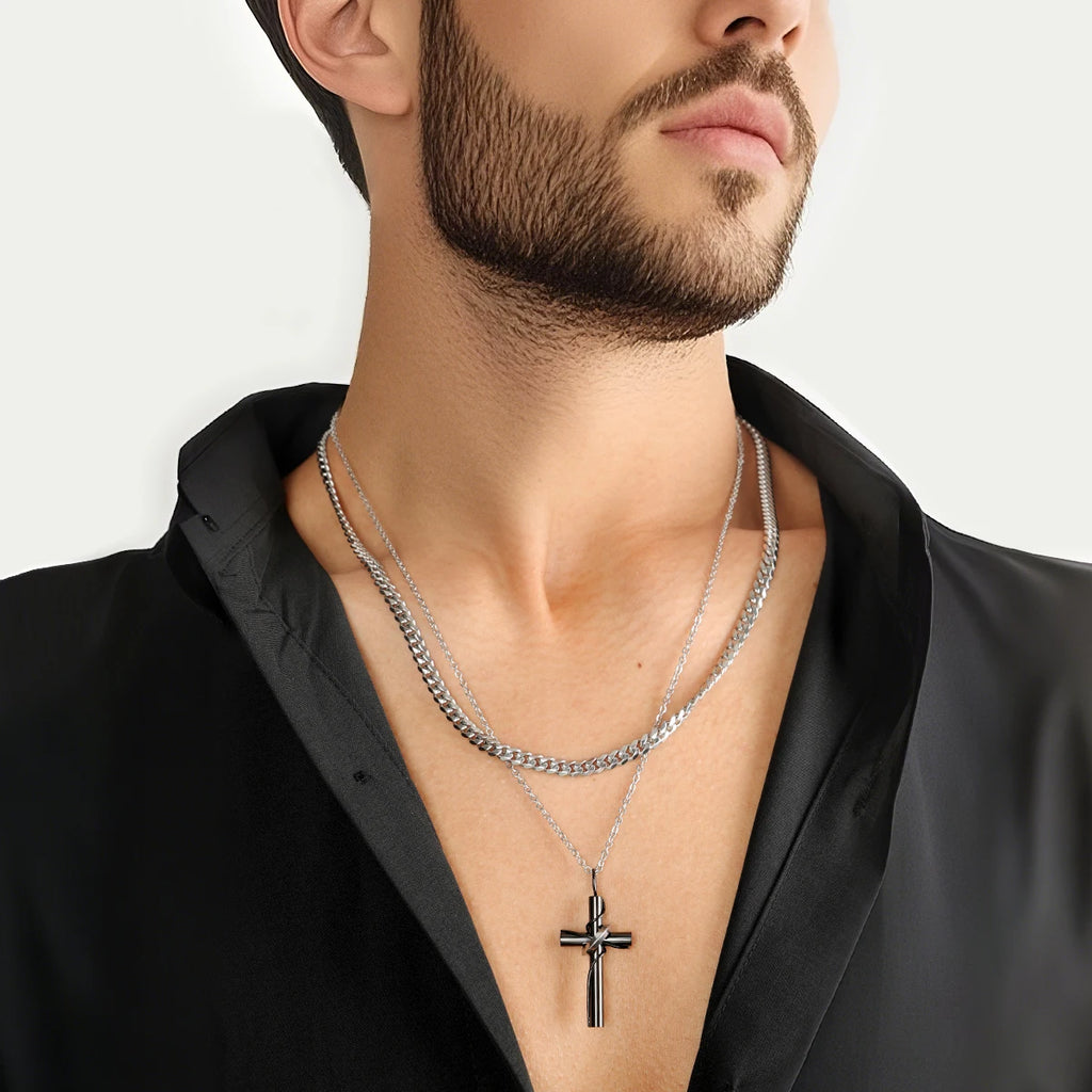 Steel Ringed Cross Pendant Necklace