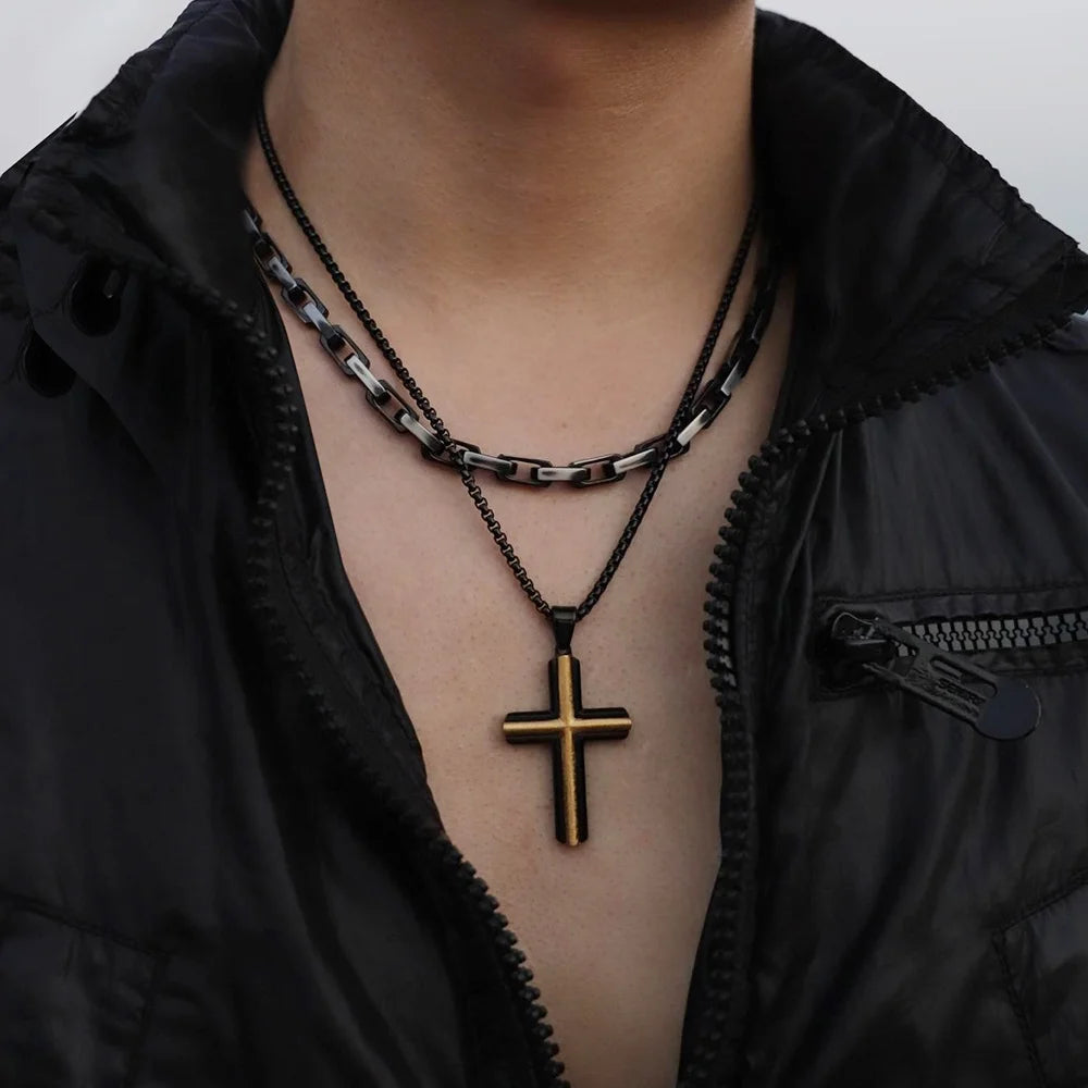 Black & Gold Two-Tone Cross Pendant Necklace