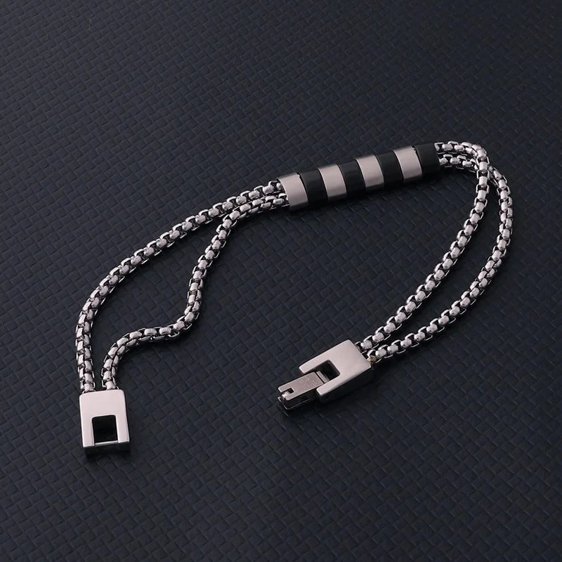 Steel Double Box Chain Bracelet with Black Accents