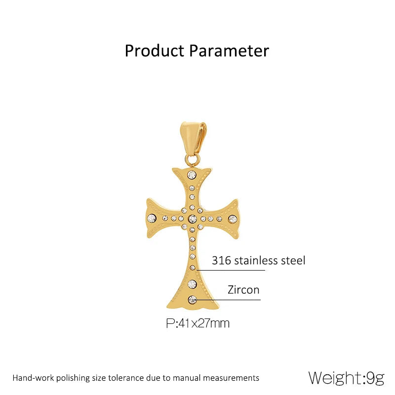 Flared Steel Cross Pendant Necklace with Zircon