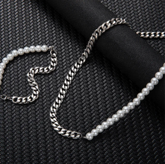 Half Pearl Half Cuban Chain Necklace