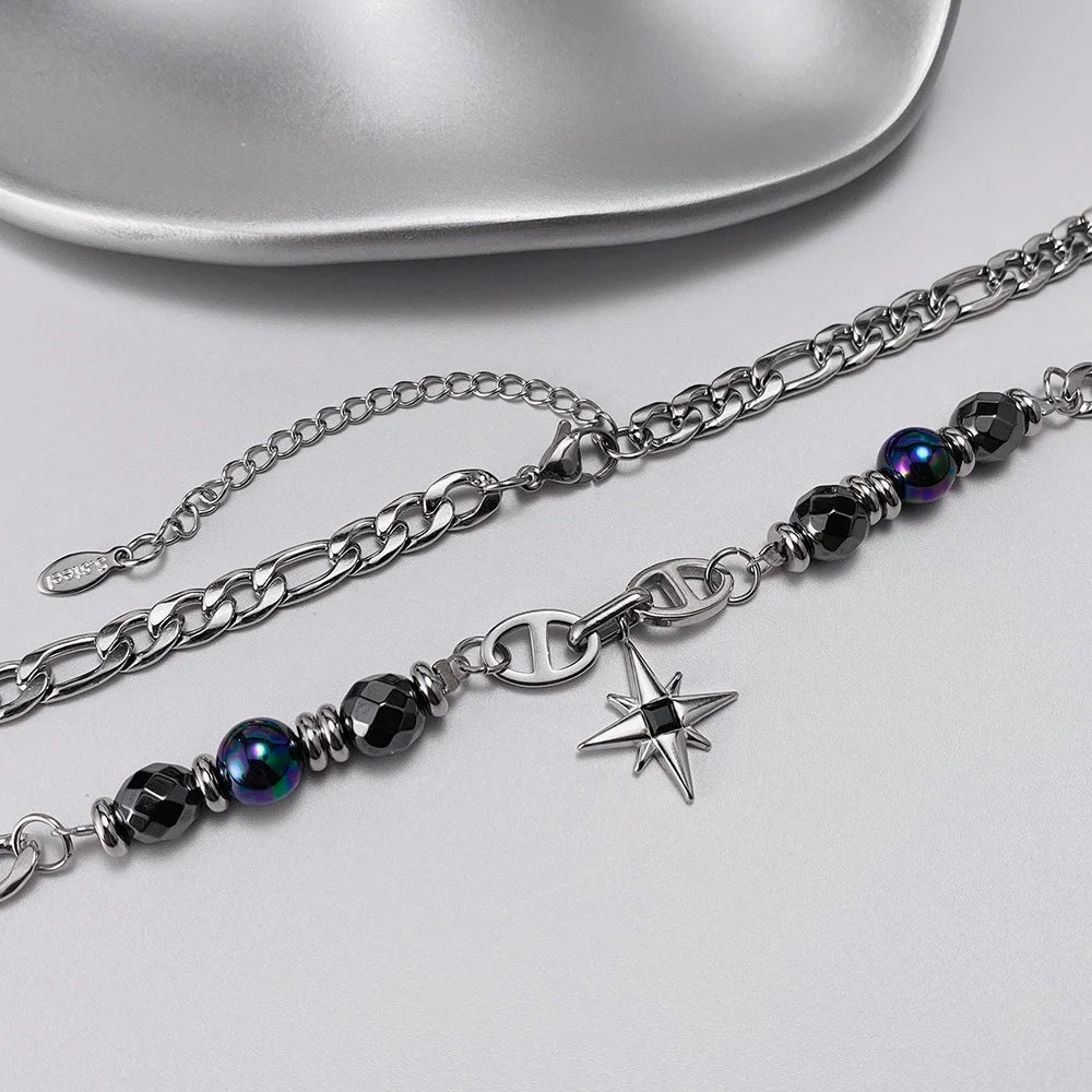 Steel Figaro Chain Necklace with Hematite Star