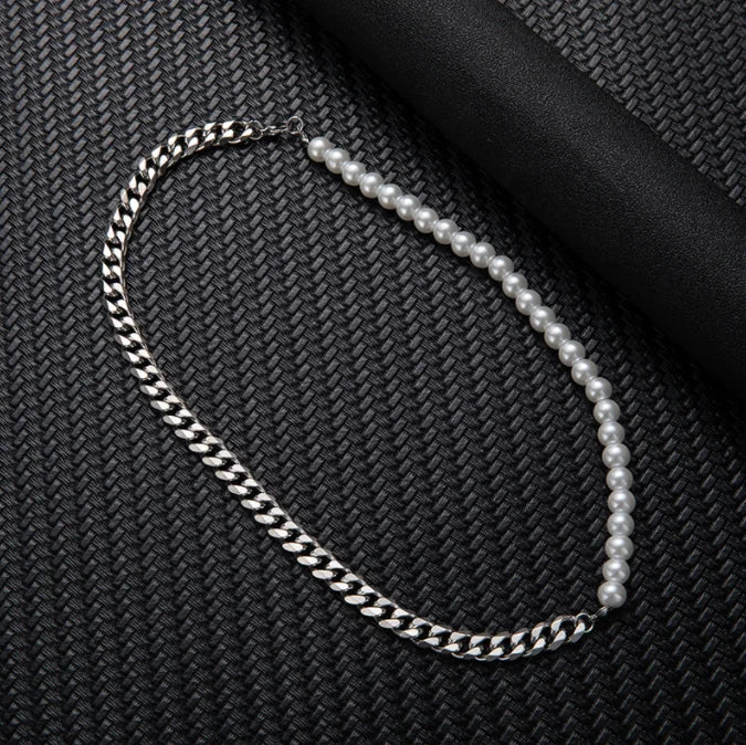 Half Pearl Half Cuban Chain Necklace