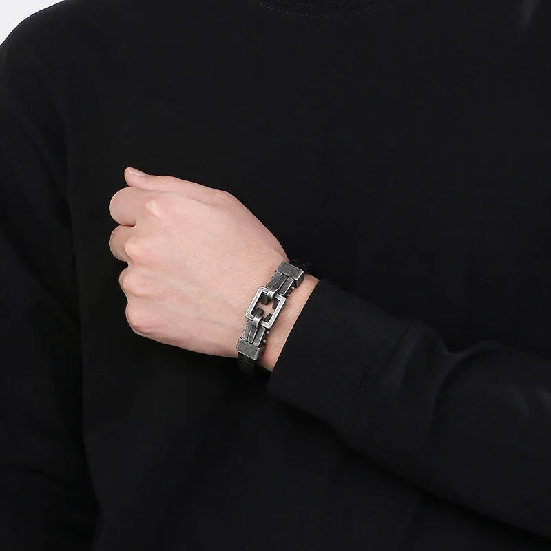 Braided Leather Bracelet with Square Steel Clasp
