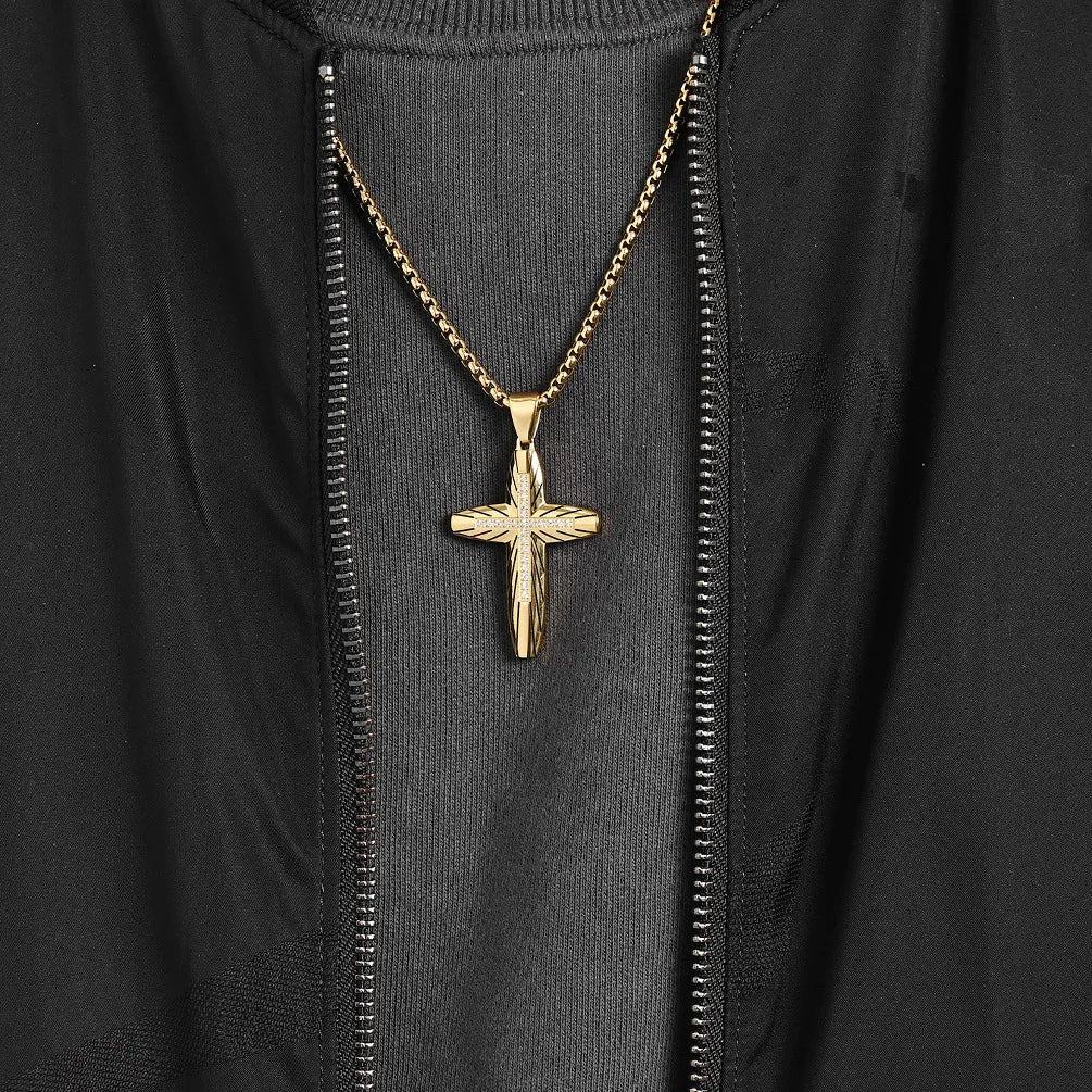 Engraved Arc Cross Zircon Pendant Necklace