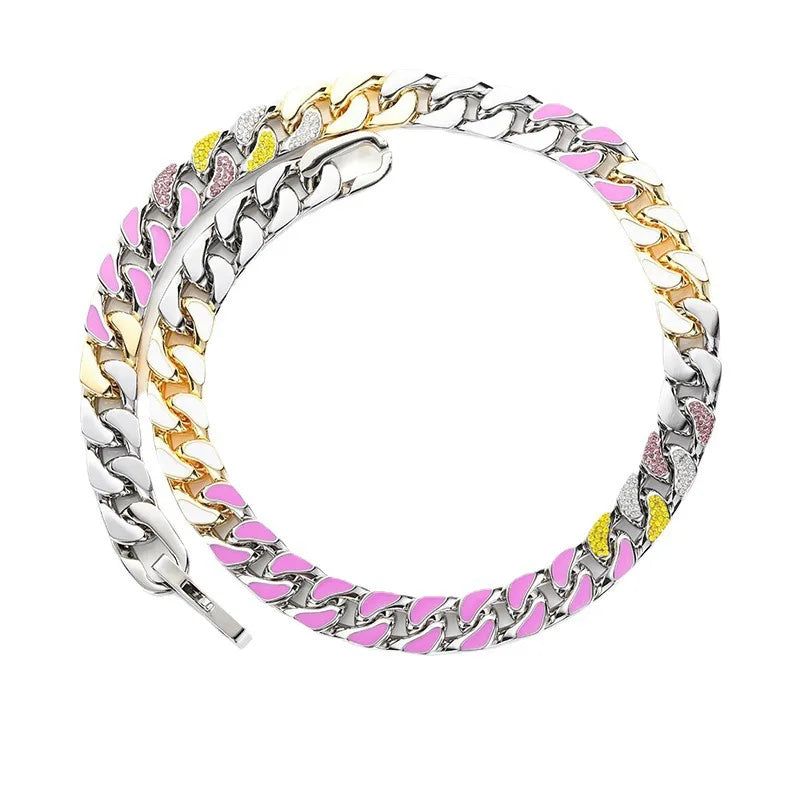 Stainless Steel Zircon Cuban Link Necklace with Enamel