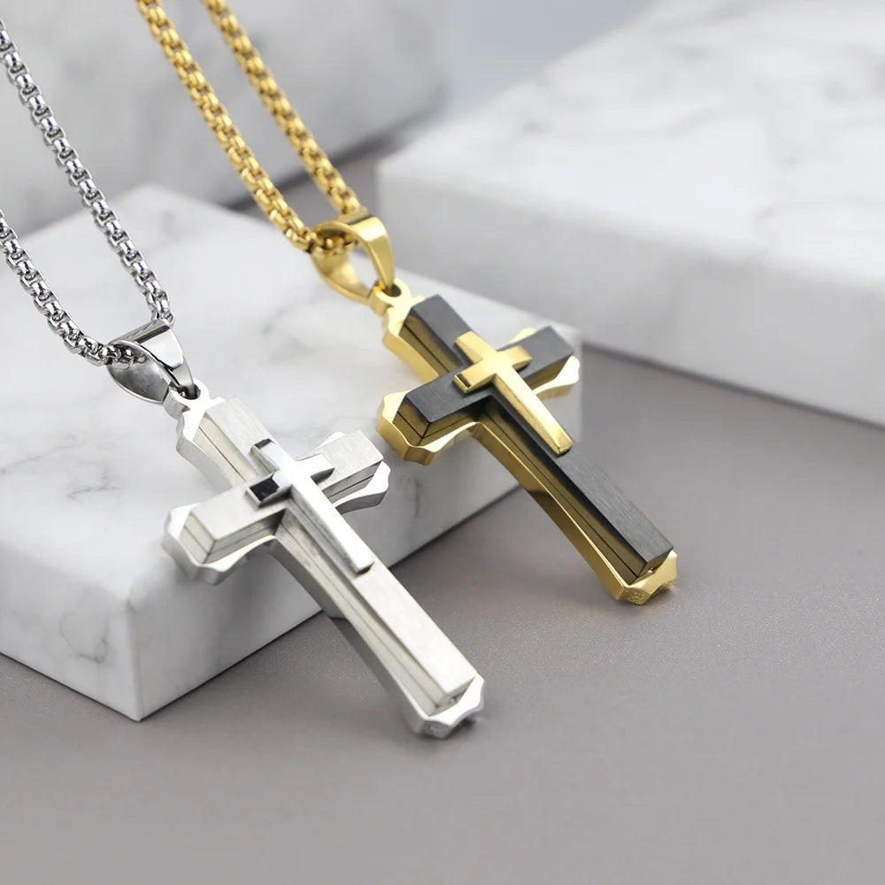 Layered Steel Cross Pendant Necklace