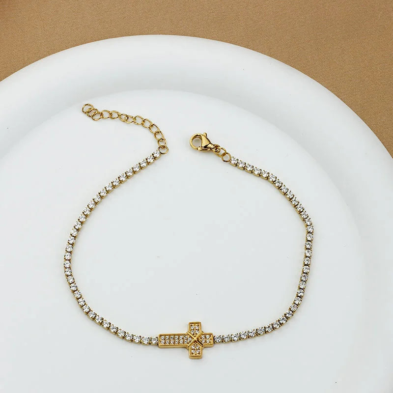 18K Gold PVD Cross Charm Tennis Bracelet