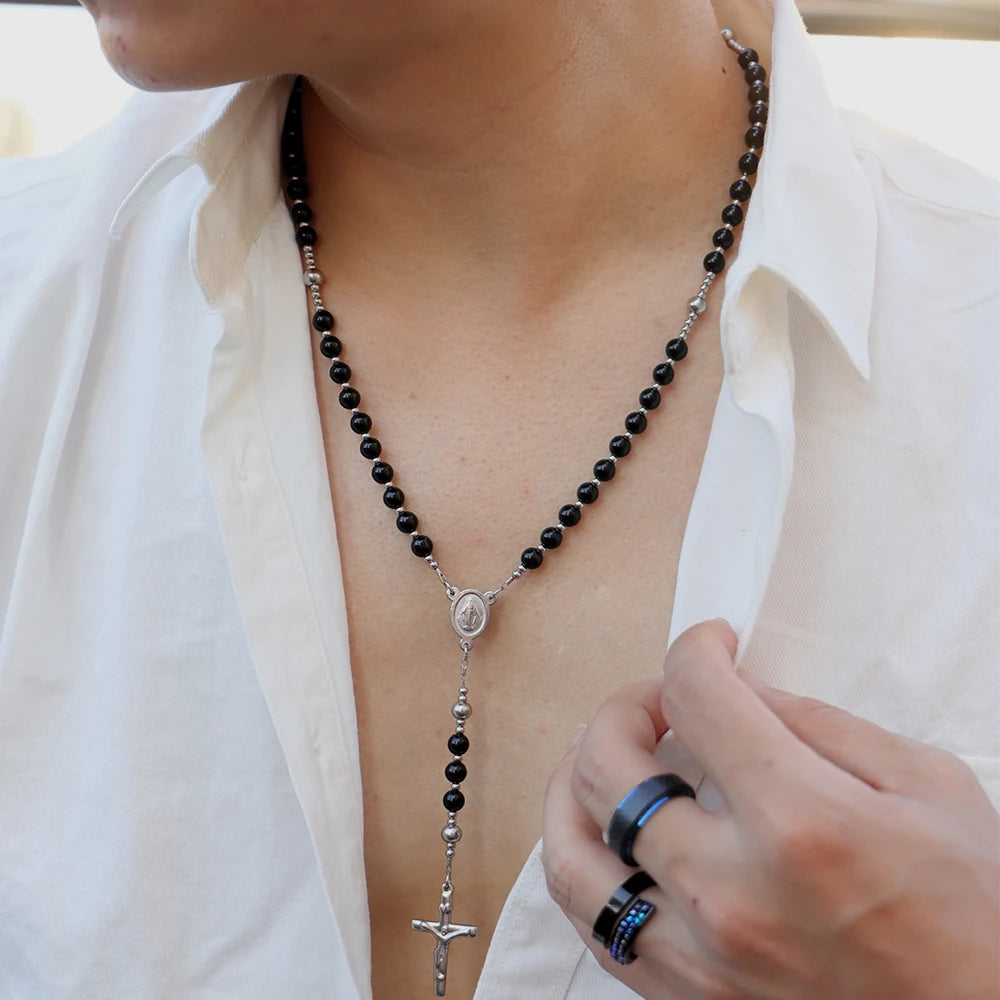 Black Agate Rosary Necklace with Crucifix Pendant