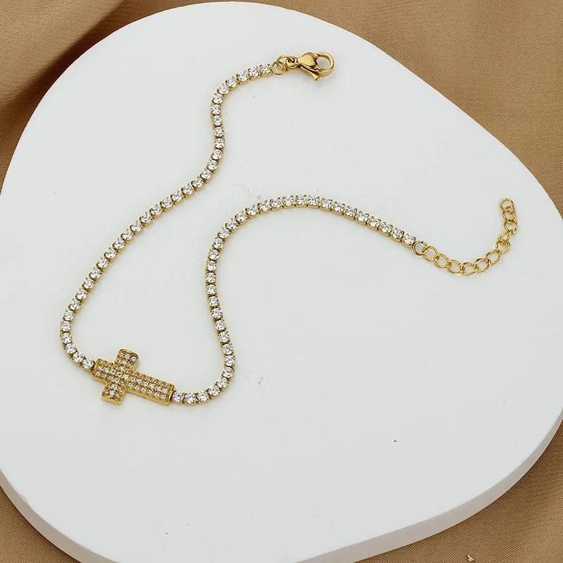 18K Gold PVD Cross Charm Tennis Bracelet
