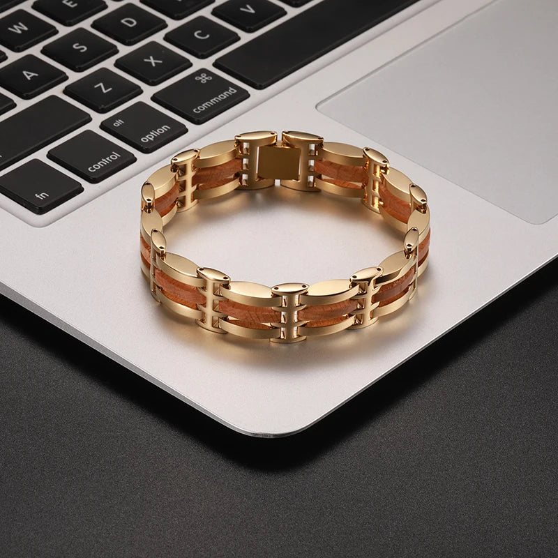 Wood and Steel Link Bracelet in Gold or Black