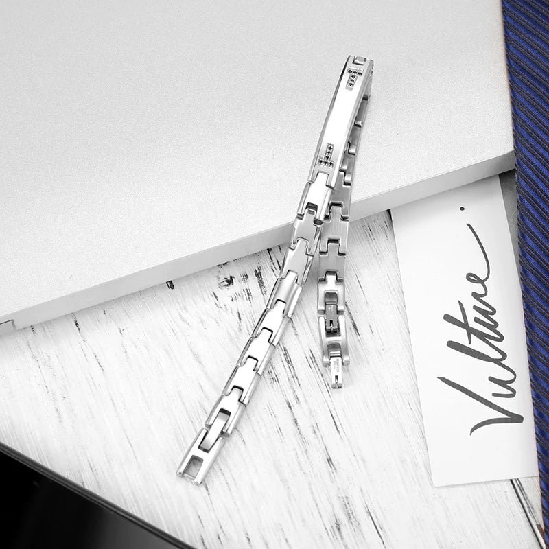 Steel Link Bracelet with Black Zircon