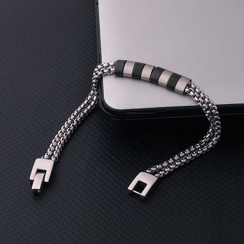 Steel Double Box Chain Bracelet with Black Accents