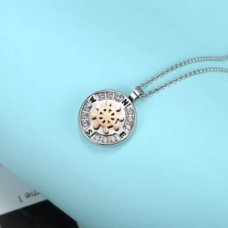 Steel Ship Wheel Compass Necklace with Zircon