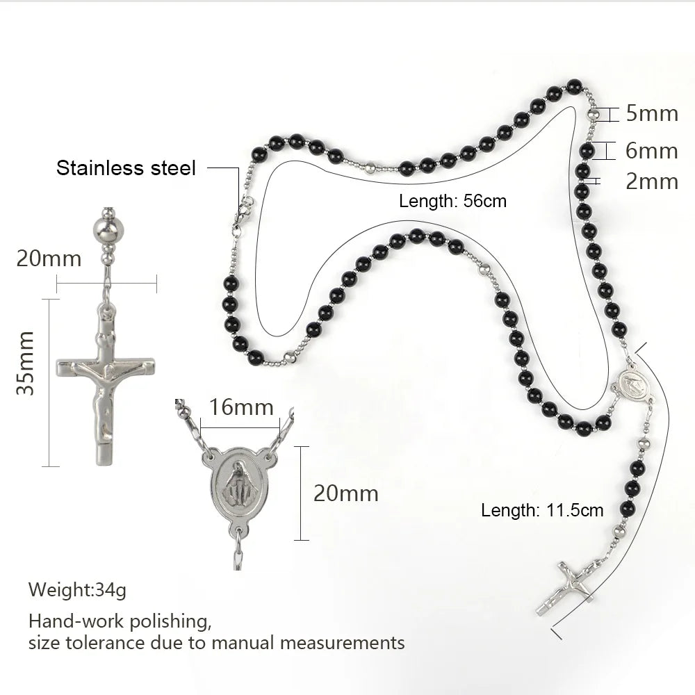 Black Agate Rosary Necklace with Crucifix Pendant