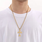 Flared Steel Cross Pendant Necklace with Zircon