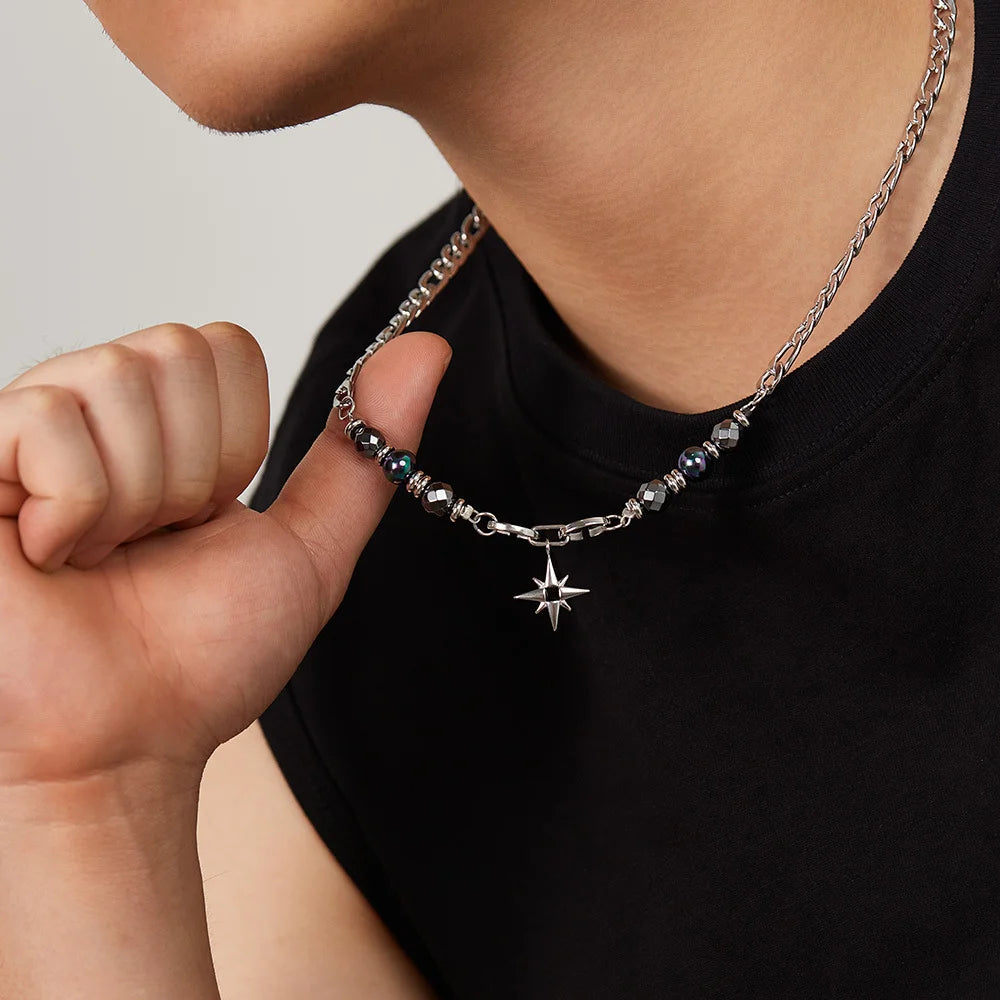 Steel Figaro Chain Necklace with Hematite Star