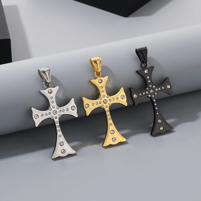 Flared Steel Cross Pendant Necklace with Zircon