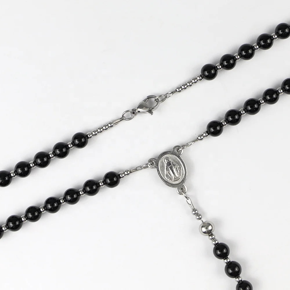 Black Agate Rosary Necklace with Crucifix Pendant