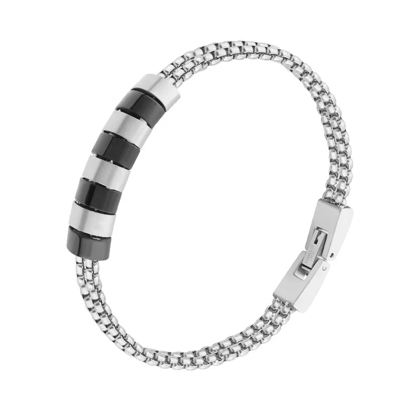 Steel Double Box Chain Bracelet with Black Accents