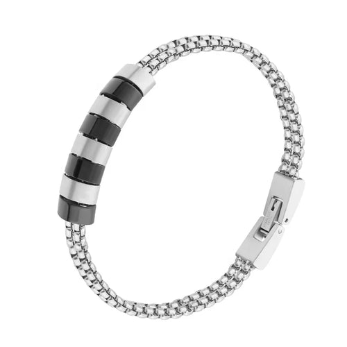 Steel Double Box Chain Bracelet with Black Accents