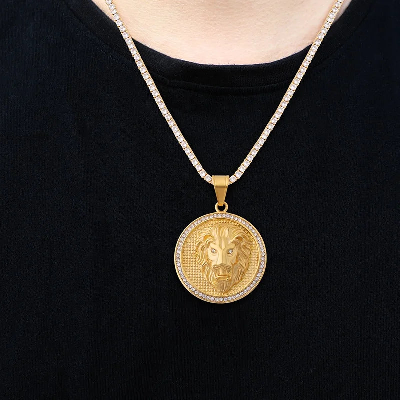 Gold Lion Pendant Tennis Necklace