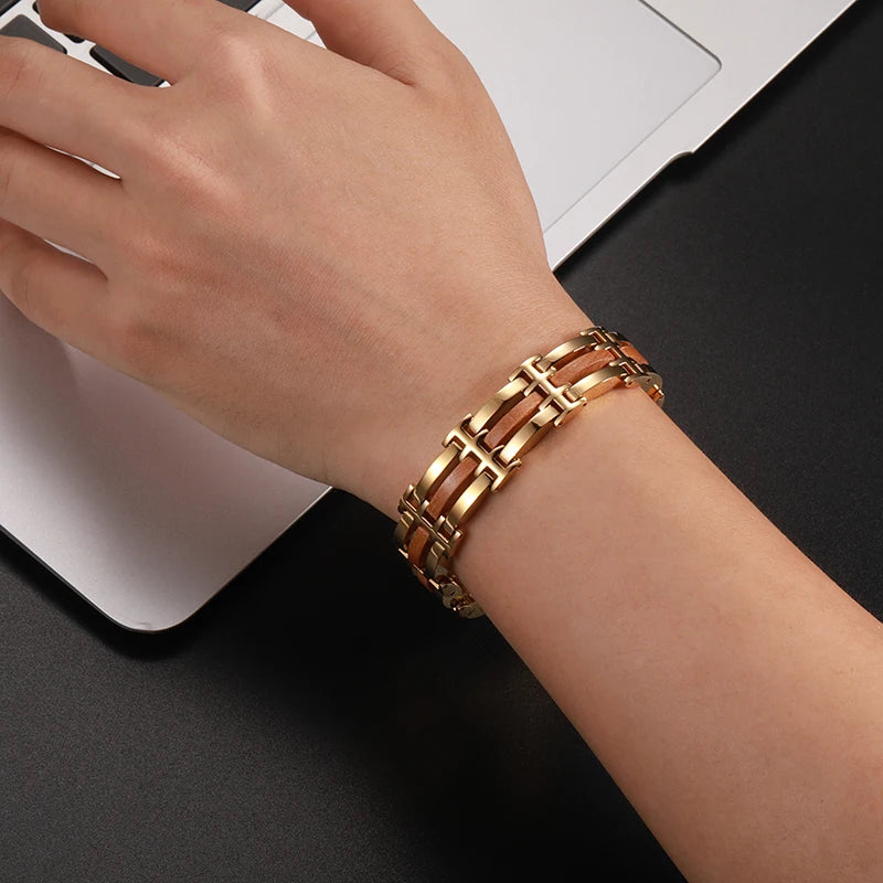 Wood and Steel Link Bracelet in Gold or Black