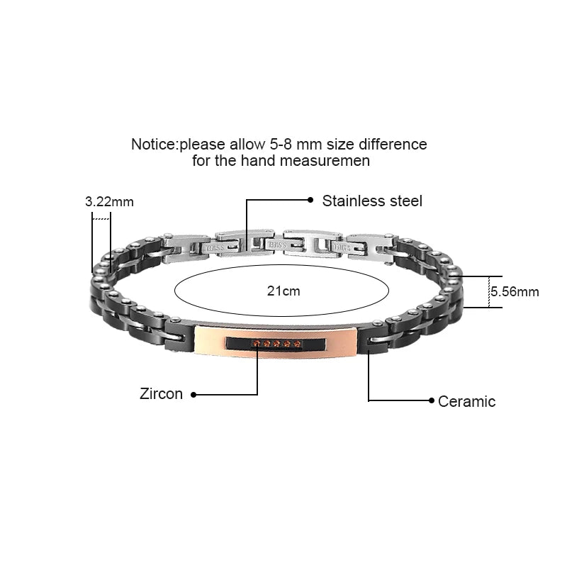 Men's two-tone ceramic and stainless steel bracelet with rose gold plate and red zircon